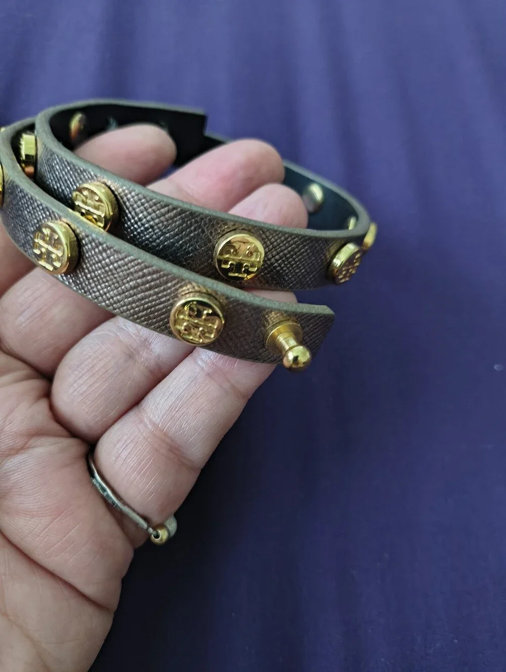 Tory Burch Leather Double Wrap Bracelet With Gold Plated Logo Studs